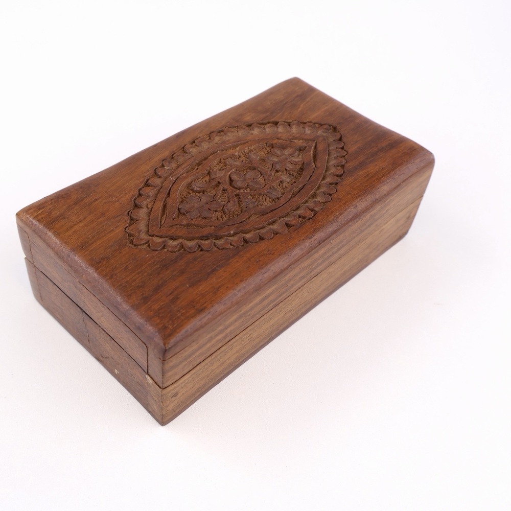 Vintage Hand Carved Wooden Trinket Box Floral Folk Art Jewelry Keepsake Box